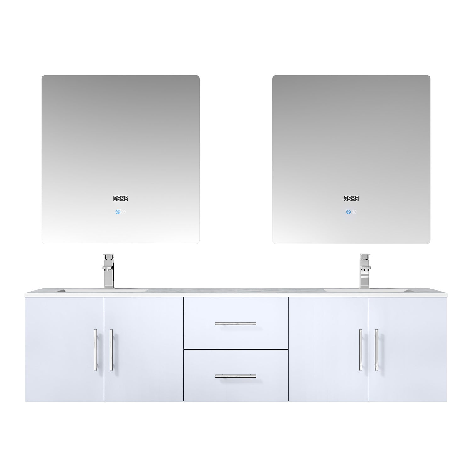 Geneva 72" Glossy White Double Vanity, White Carrara Marble Top, White Square Sinks and 30" LED Mirrors