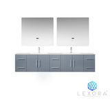Geneva 84" Dark Grey Double Vanity, White Carrara Marble Top, White Square Sinks and 36" LED Mirrors