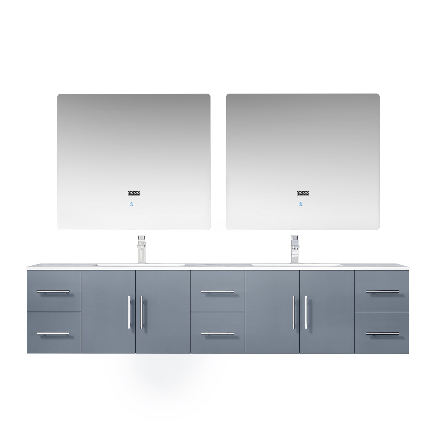 Geneva 84" Dark Grey Double Vanity, White Carrara Marble Top, White Square Sinks and 36" LED Mirrors