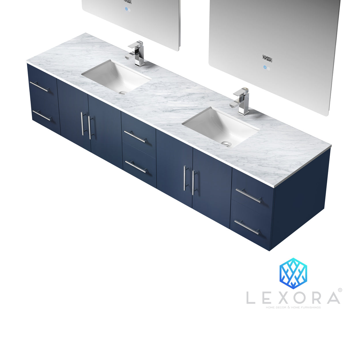 Geneva 84" Navy Blue Double Vanity, White Carrara Marble Top, White Square Sinks and 36" LED Mirrors