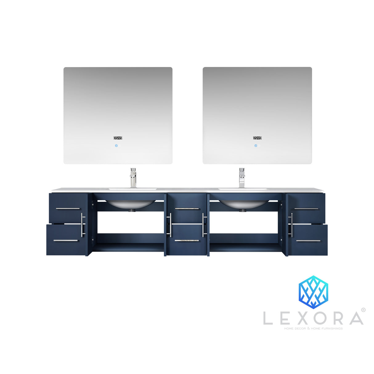 Geneva 84" Navy Blue Double Vanity, White Carrara Marble Top, White Square Sinks and 36" LED Mirrors