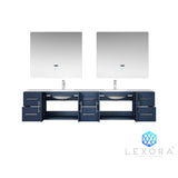 Geneva 84" Navy Blue Double Vanity, White Carrara Marble Top, White Square Sinks and 36" LED Mirrors