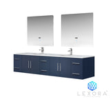 Geneva 84" Navy Blue Double Vanity, White Carrara Marble Top, White Square Sinks and 36" LED Mirrors