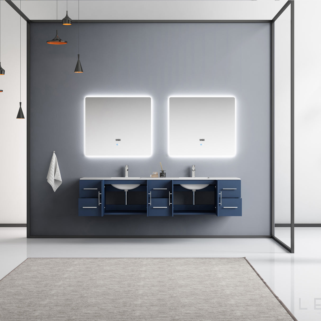 Geneva 84" Navy Blue Double Vanity, White Carrara Marble Top, White Square Sinks and 36" LED Mirrors
