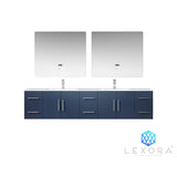 Geneva 84" Navy Blue Double Vanity, White Carrara Marble Top, White Square Sinks and 36" LED Mirrors