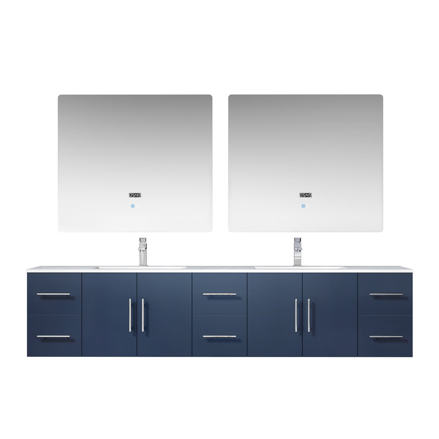 Geneva 84" Navy Blue Double Vanity, White Carrara Marble Top, White Square Sinks and 36" LED Mirrors
