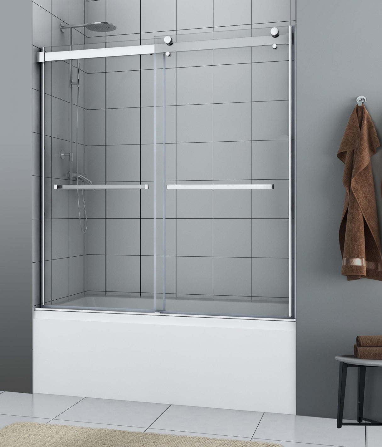 Semi - Frameless Sliding Shower Door With Clear Glass And Horizontal Handles - Lagoon