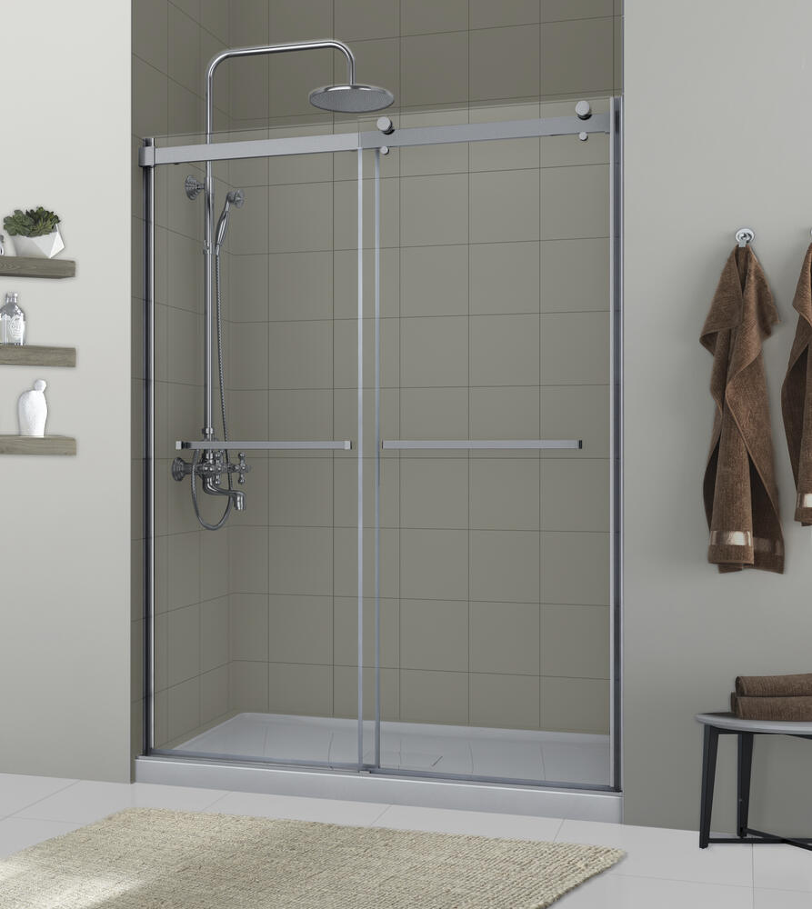 Semi - Frameless Sliding Shower Door With Clear Glass And Horizontal Handles - Lagoon