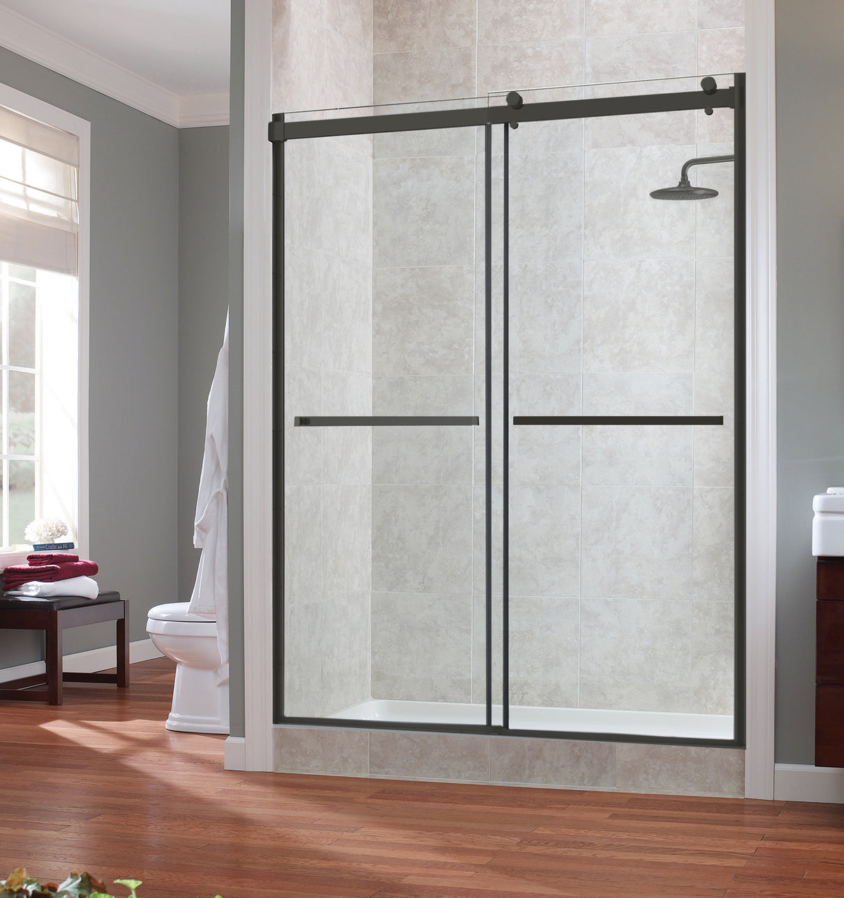 Semi - Frameless Sliding Shower Door With Clear Glass And Horizontal Handles - Lagoon