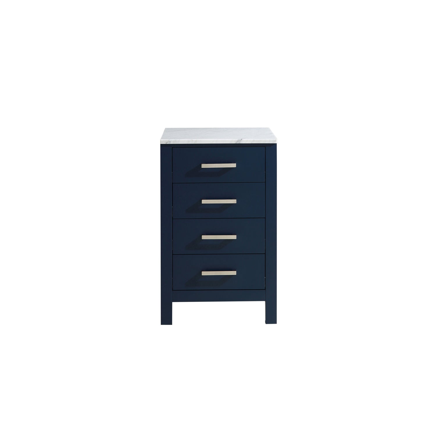 Jacques 20 in. Freestanding Navy Blue Bathroom Linen Side Cabinet, White Carrara Marble Top