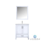 Jacques 30" White Single Vanity, White Carrara Marble Top, White Square Sink and 28" Mirror