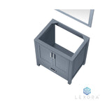 Jacques 30" Dark Grey Single Vanity, White Carrara Marble Top, White Square Sink and 28" Mirror w/ Faucet