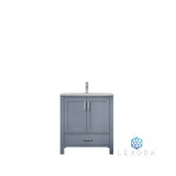 Jacques 30" Dark Grey Single Vanity, White Carrara Marble Top, White Square Sink and 28" Mirror w/ Faucet