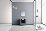 Jacques 30" Dark Grey Single Vanity, White Carrara Marble Top, White Square Sink and 28" Mirror w/ Faucet