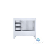 Jacques 36" White Single Vanity, White Carrara Marble Top, White Square Sink and 34" Mirror w/ Faucet - Left Version