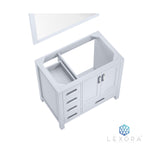 Jacques 36" White Single Vanity, White Carrara Marble Top, White Square Sink and 34" Mirror w/ Faucet - Right Version