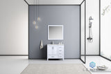 Jacques 36" White Single Vanity, White Carrara Marble Top, White Square Sink and 34" Mirror w/ Faucet - Left Version