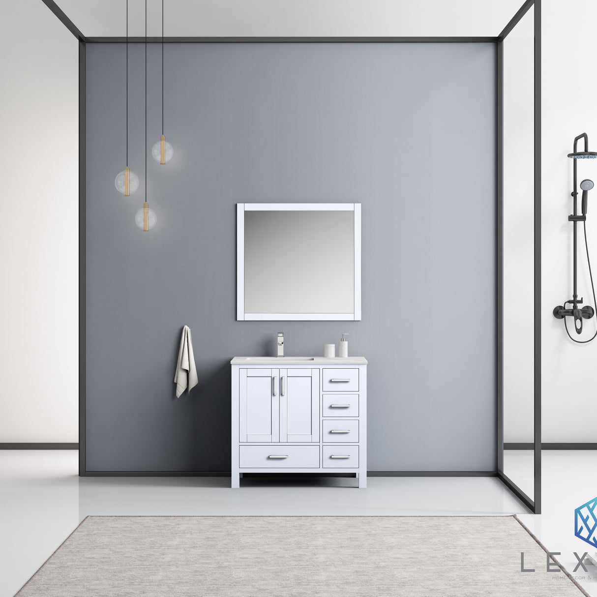 Jacques 36" White Single Vanity, White Carrara Marble Top, White Square Sink and 34" Mirror - Left Version