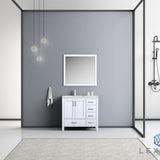 Jacques 36" White Single Vanity, White Carrara Marble Top, White Square Sink and 34" Mirror - Left Version