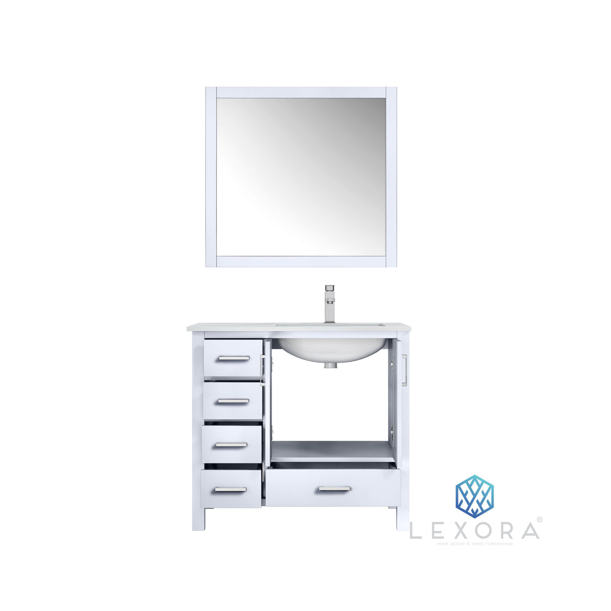 Jacques 36" White Single Vanity, White Carrara Marble Top, White Square Sink and 34" Mirror w/ Faucet - Right Version