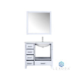 Jacques 36" White Single Vanity, White Carrara Marble Top, White Square Sink and 34" Mirror w/ Faucet - Right Version