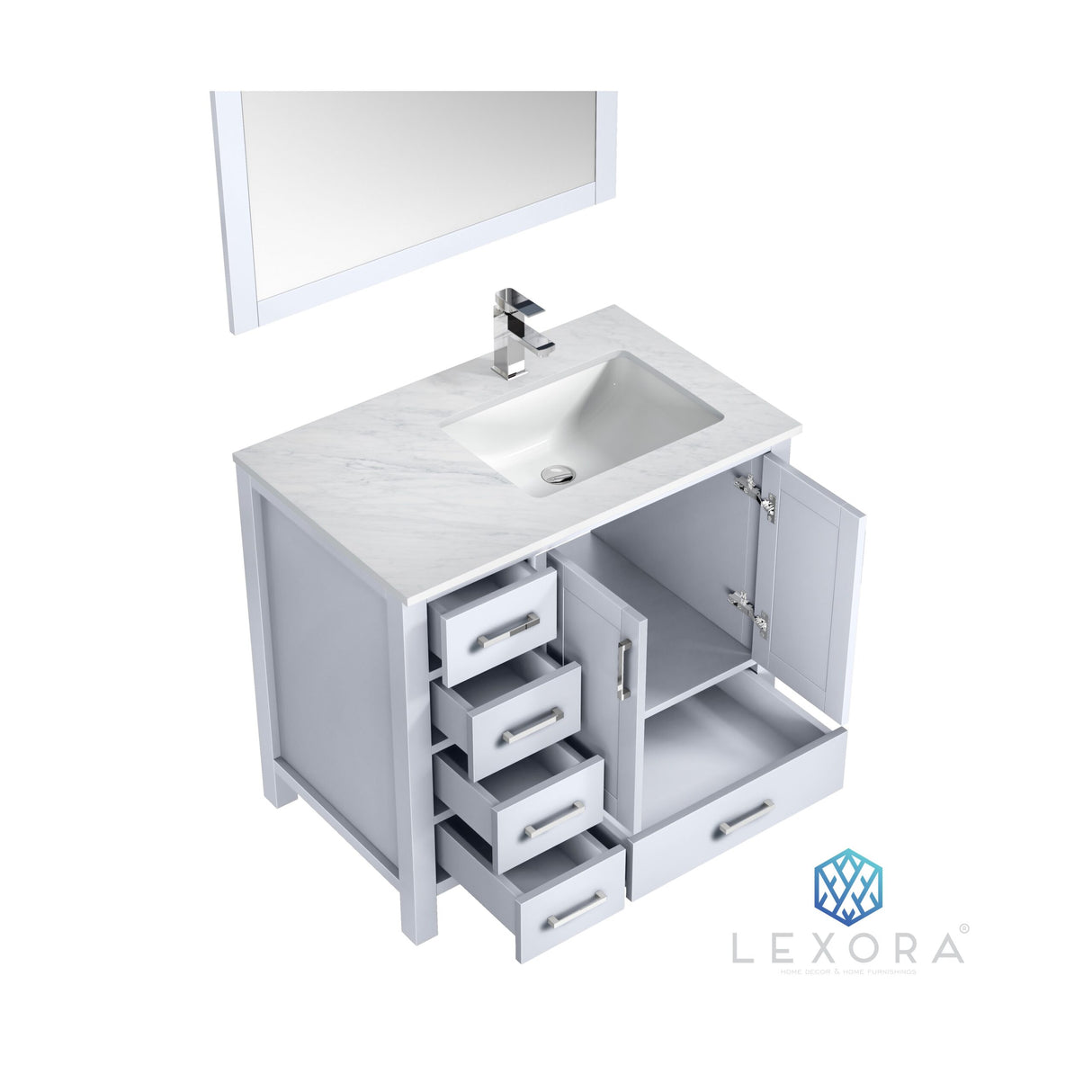 Jacques 36" White Single Vanity, White Carrara Marble Top, White Square Sink and 34" Mirror w/ Faucet - Right Version
