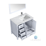 Jacques 36" White Single Vanity, White Carrara Marble Top, White Square Sink and 34" Mirror w/ Faucet - Right Version