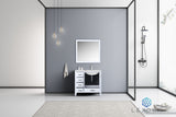 Jacques 36" White Single Vanity, White Carrara Marble Top, White Square Sink and 34" Mirror w/ Faucet - Right Version