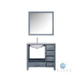 Jacques 36" Dark Grey Single Vanity, White Carrara Marble Top, White Square Sink and 34" Mirror - Left Version