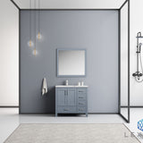 Jacques 36" Dark Grey Single Vanity, White Carrara Marble Top, White Square Sink and 34" Mirror - Left Version