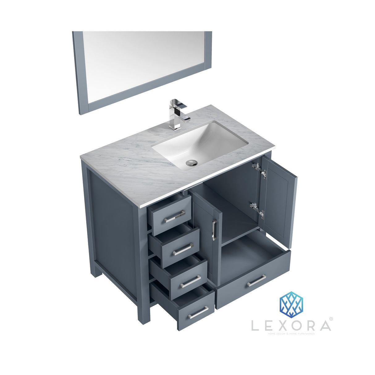 Jacques 36" Dark Grey Single Vanity, White Carrara Marble Top, White Square Sink and 34" Mirror - Right Version