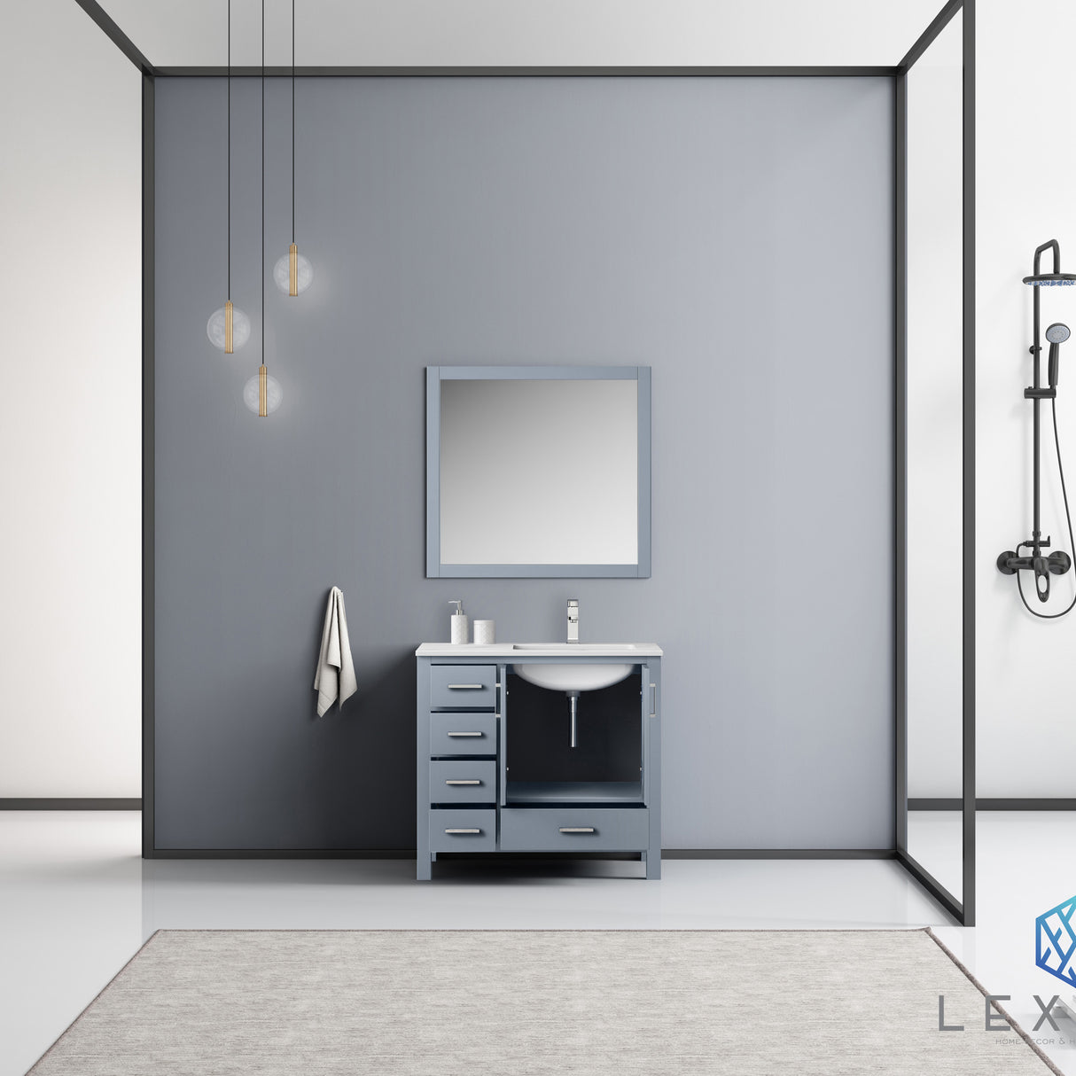 Jacques 36" Dark Grey Single Vanity, White Carrara Marble Top, White Square Sink and 34" Mirror - Right Version