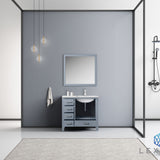 Jacques 36" Dark Grey Single Vanity, White Carrara Marble Top, White Square Sink and 34" Mirror - Right Version