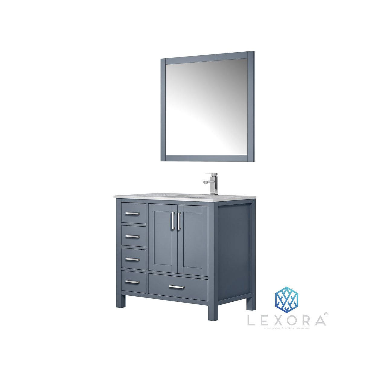 Jacques 36" Dark Grey Single Vanity, White Carrara Marble Top, White Square Sink and 34" Mirror - Right Version