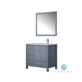 Jacques 36" Dark Grey Single Vanity, White Carrara Marble Top, White Square Sink and 34" Mirror - Right Version