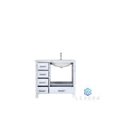 Jacques 36" White Single Vanity, White Carrara Marble Top, White Square Sink and 34" Mirror w/ Faucet - Right Version