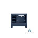 Jacques 36" Navy Blue Single Vanity, White Carrara Marble Top, White Square Sink and 34" Mirror w/ Faucet - Left Version