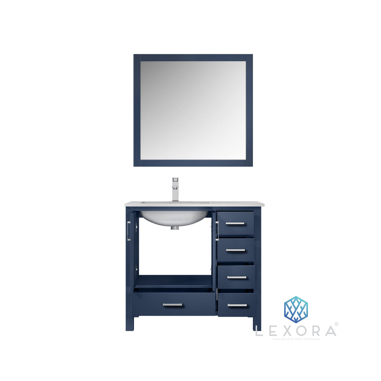 Jacques 36" Navy Blue Single Vanity, White Carrara Marble Top, White Square Sink and 34" Mirror w/ Faucet - Left Version
