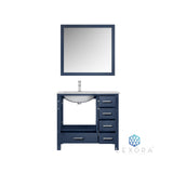 Jacques 36" Navy Blue Single Vanity, White Carrara Marble Top, White Square Sink and 34" Mirror w/ Faucet - Left Version