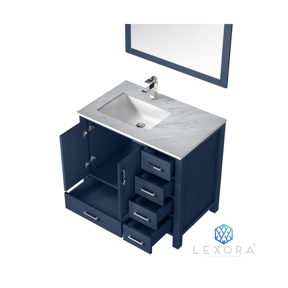 Jacques 36" Navy Blue Single Vanity, White Carrara Marble Top, White Square Sink and 34" Mirror w/ Faucet - Left Version
