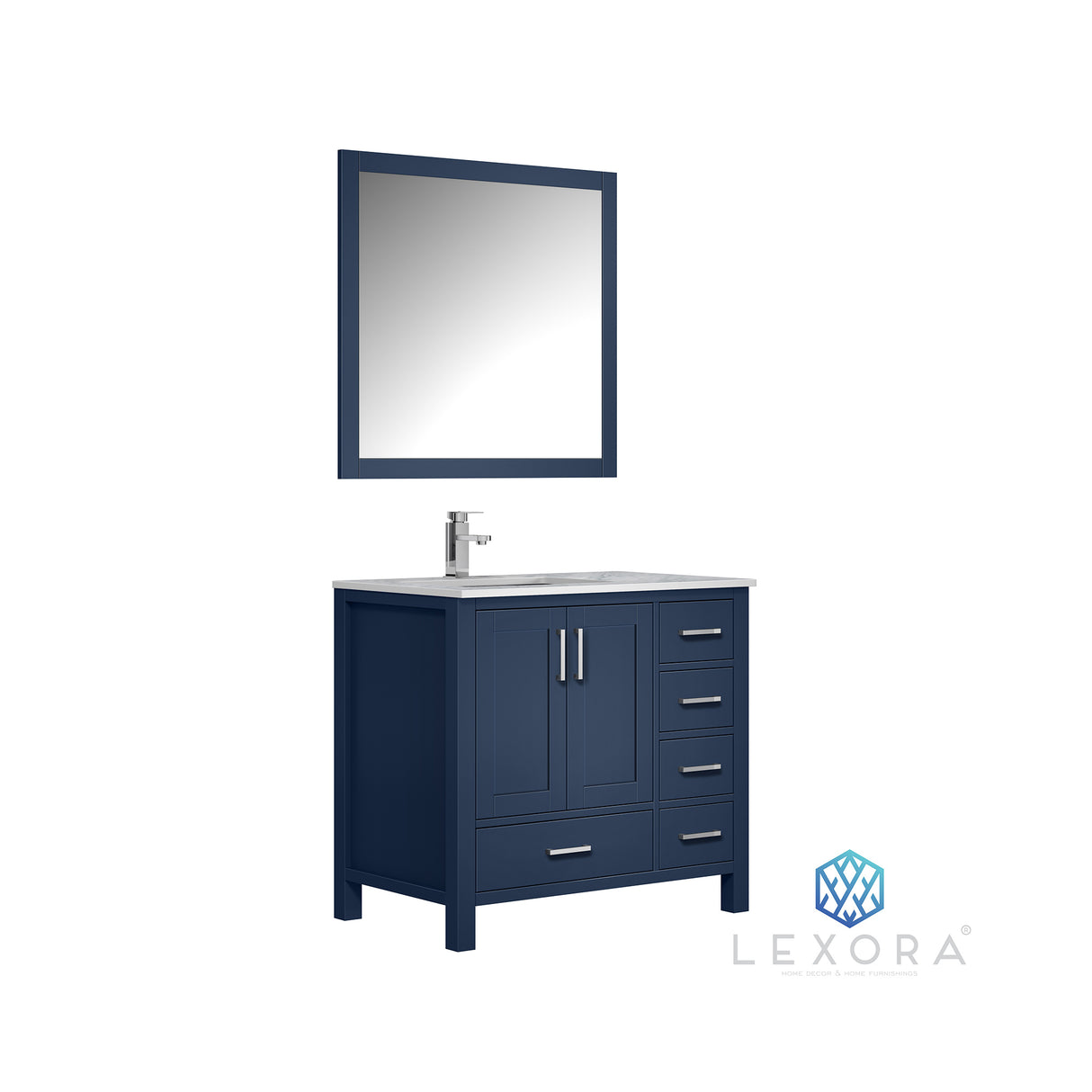 Jacques 36" Navy Blue Single Vanity, White Carrara Marble Top, White Square Sink and 34" Mirror w/ Faucet - Left Version