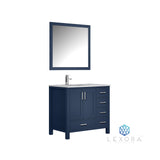 Jacques 36" Navy Blue Single Vanity, White Carrara Marble Top, White Square Sink and 34" Mirror w/ Faucet - Left Version