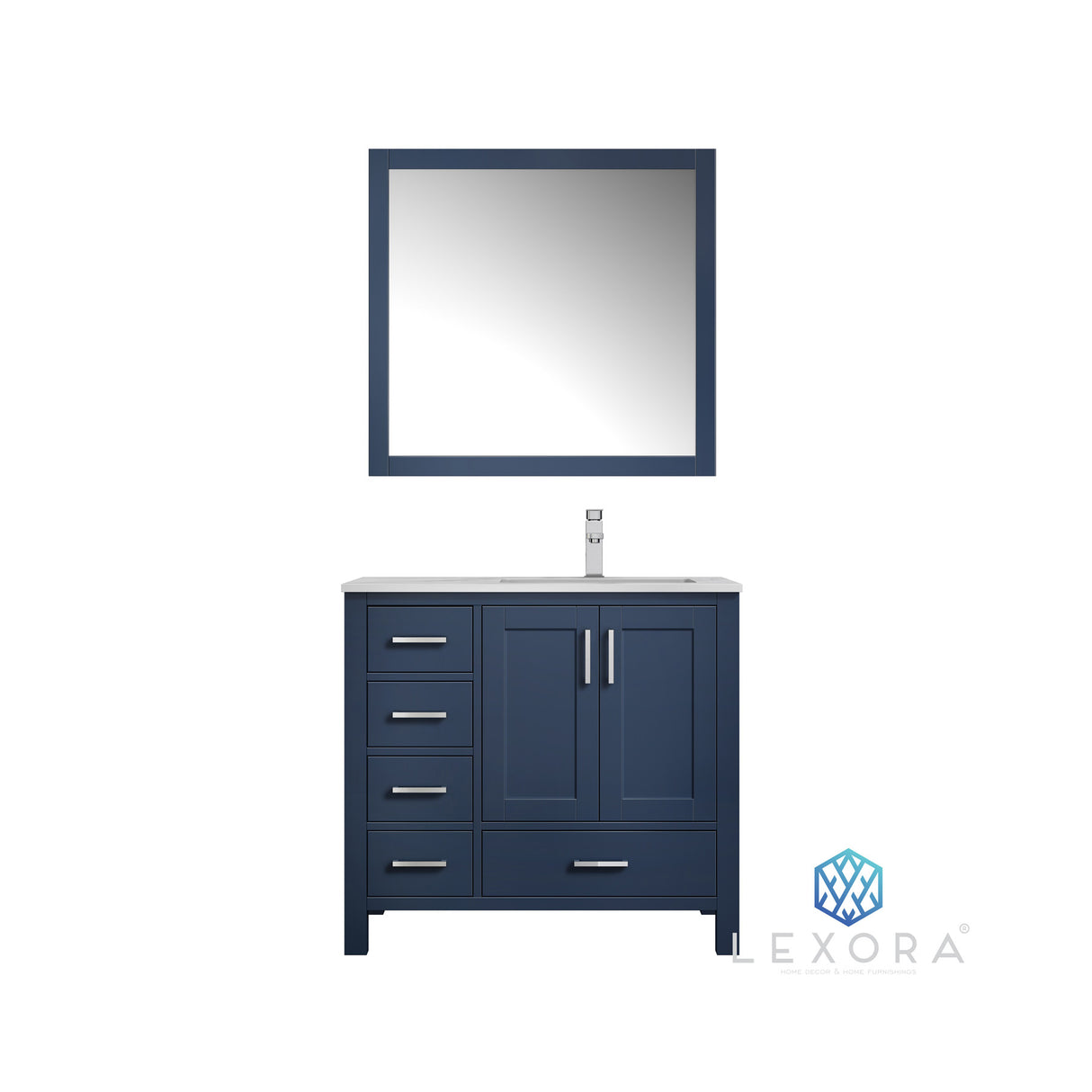 Jacques 36" Navy Blue Single Vanity, White Carrara Marble Top, White Square Sink and 34" Mirror - Right Version