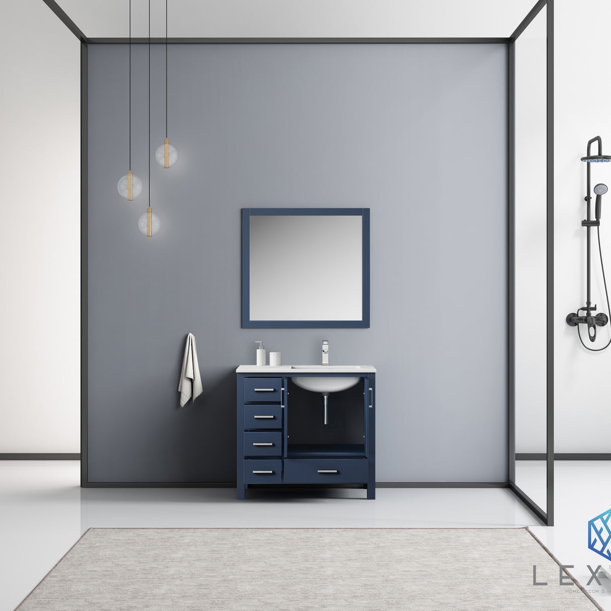 Jacques 36" Navy Blue Single Vanity, White Carrara Marble Top, White Square Sink and 34" Mirror - Right Version