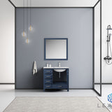 Jacques 36" Navy Blue Single Vanity, White Carrara Marble Top, White Square Sink and 34" Mirror - Right Version