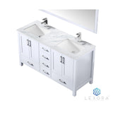Jacques 60" White Double Vanity, White Carrara Marble Top, White Square Sinks and 58" Mirror