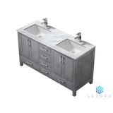 Jacques 60" Distressed Grey Double Vanity, White Carrara Marble Top, White Square Sinks and no Mirror