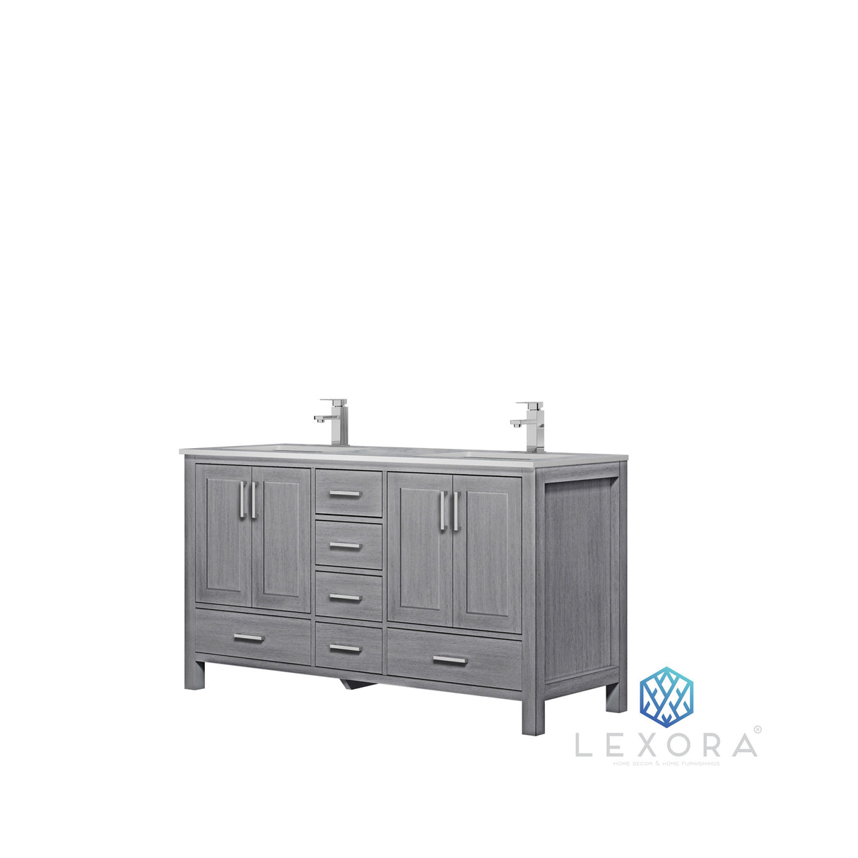 Jacques 60" Distressed Grey Double Vanity, White Carrara Marble Top, White Square Sinks and no Mirror