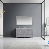 Jacques 60" Distressed Grey Double Vanity, White Carrara Marble Top, White Square Sinks and 58" Mirror