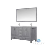 Jacques 60" Distressed Grey Double Vanity, White Carrara Marble Top, White Square Sinks and 58" Mirror